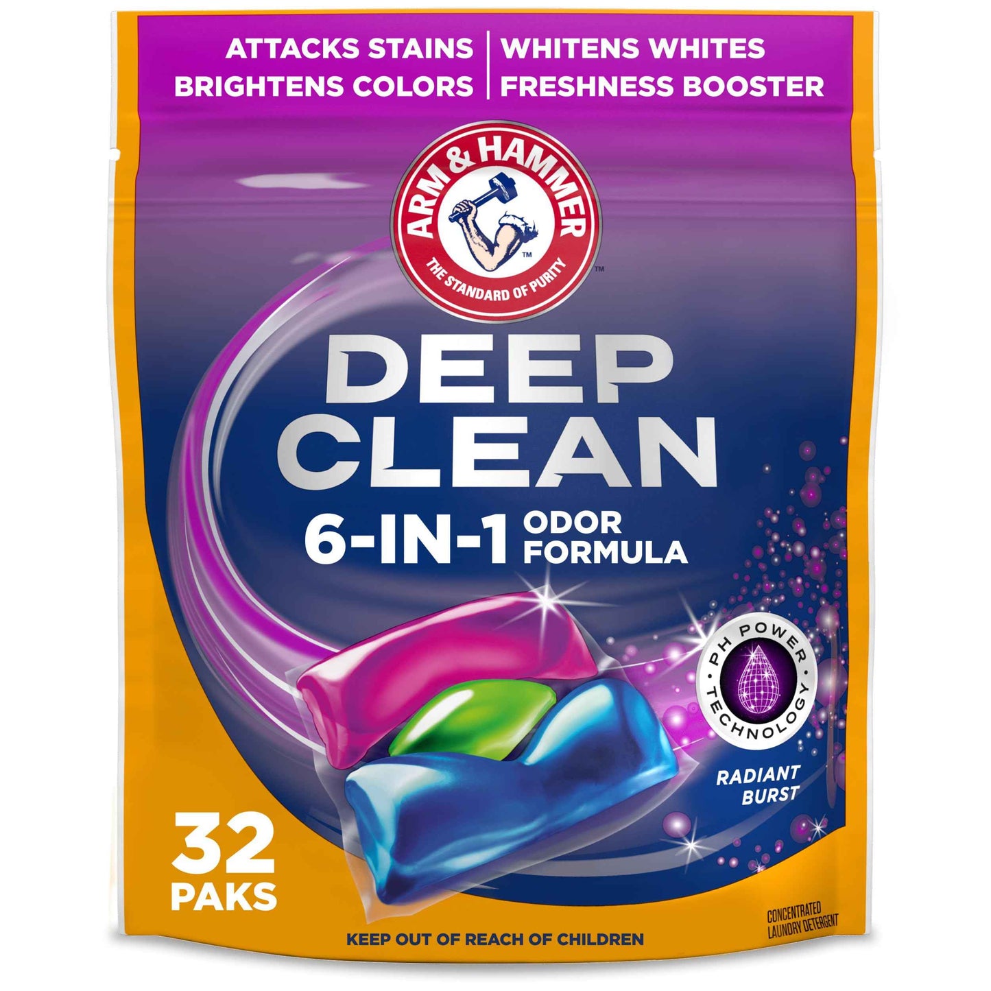 ARM & HAMMER Deep Clean Odor Formula Laundry Detergent Power Paks, Radiant Burst Scent