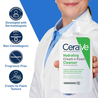 CeraVe Hydrating Cream To Foam Cleanser, Makeup Remover Face Wash For Dry Skin, Foaming Facial Cleanser With Hyaluronic Acid, Normal To Dry Skin, Fragrance Free & Non Comedogenic