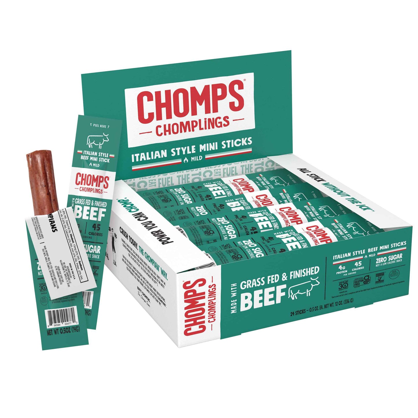 Chomps Snack Size Grass-Fed and Finished Jerky Snack Sticks 0.5oz 24-Pack - Keto, Paleo, Whole30, 4g Lean Meat Protein, Gluten-Free, Zero Sugar Food, Non-GMO Chomplings