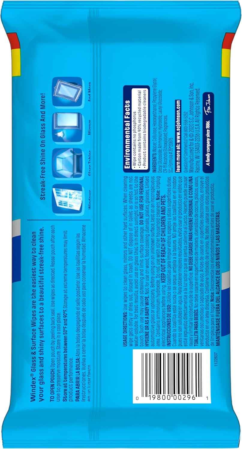 Windex Wipes Glass Cleaning, Pre-Moistened Glass and Surface Wipes to Clean Home Surfaces, Household Essentials, Original Scent