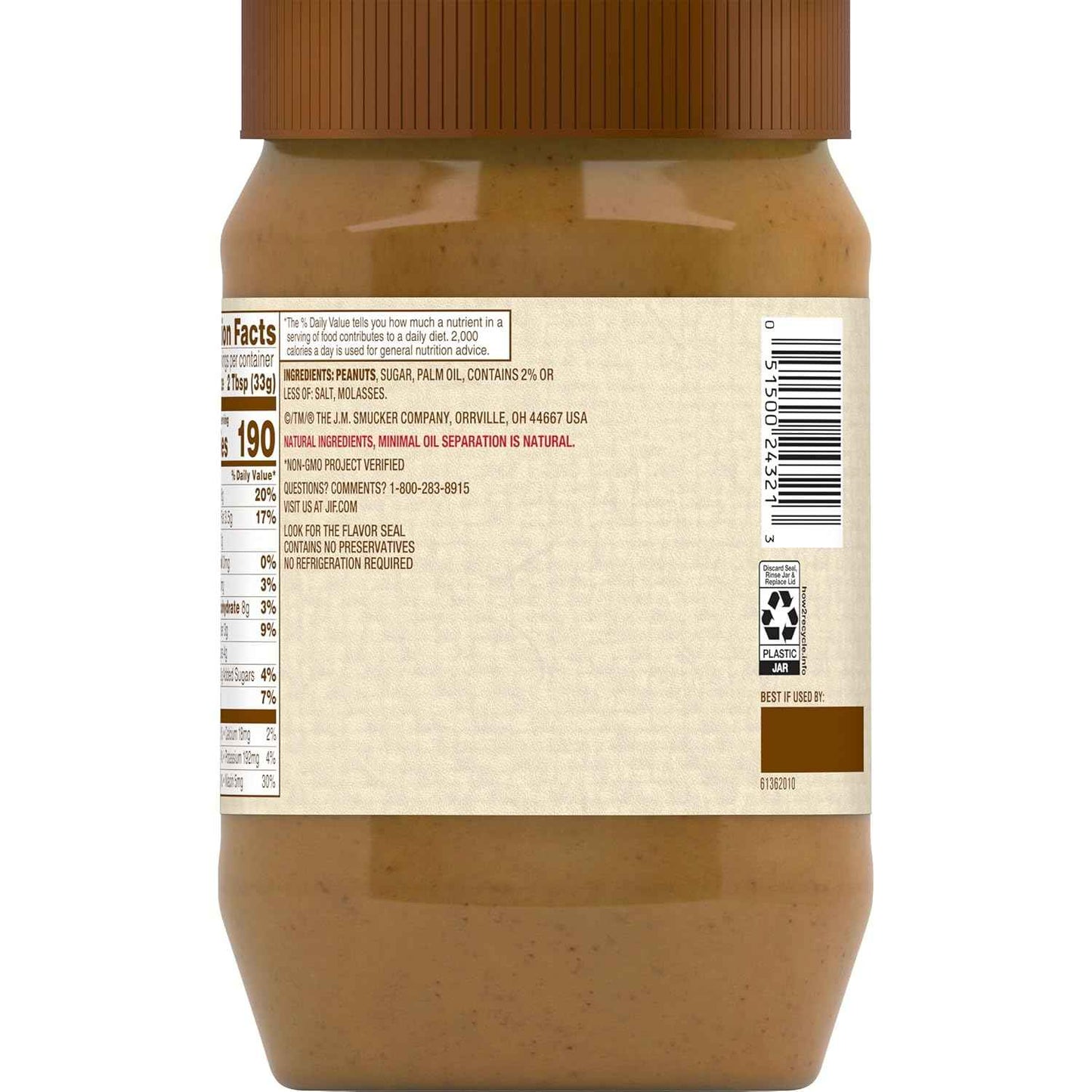 Jif Natural Creamy Peanut Butter Spread – Contains 90% Peanuts, 40 Ounces