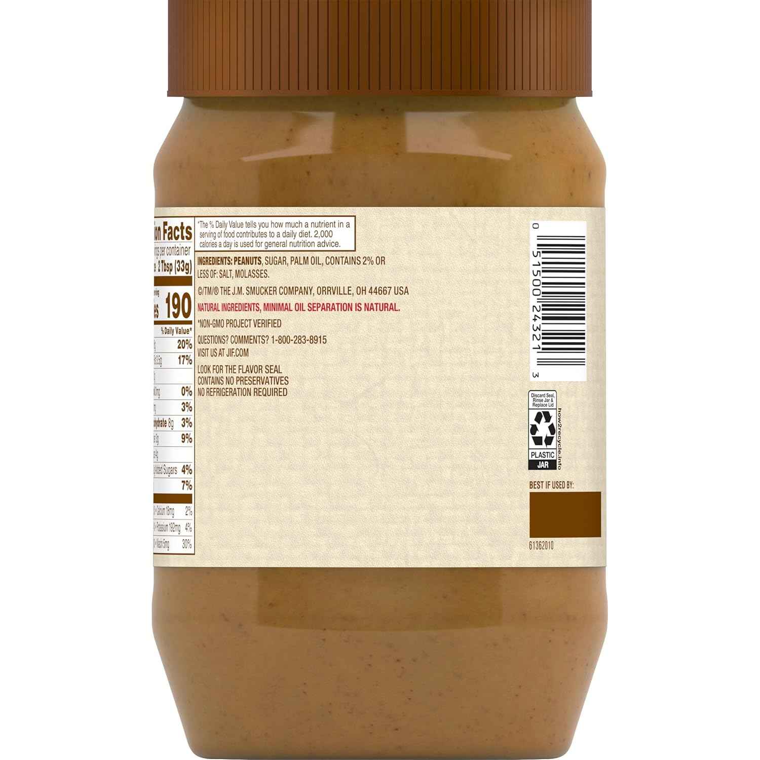 Jif Natural Creamy Peanut Butter Spread – Contains 90% Peanuts, 40 Ounces