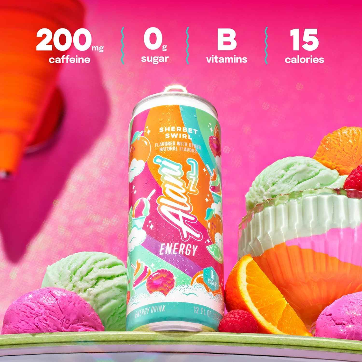 Alani Nu SHERBET SWIRL Sugar Free, Low Calorie Energy Drinks, 200mg Caffeine, Biotin B Vitamins, Zero Sugar, 10 Calories, 12 Fl Oz Cans, 24 Pack