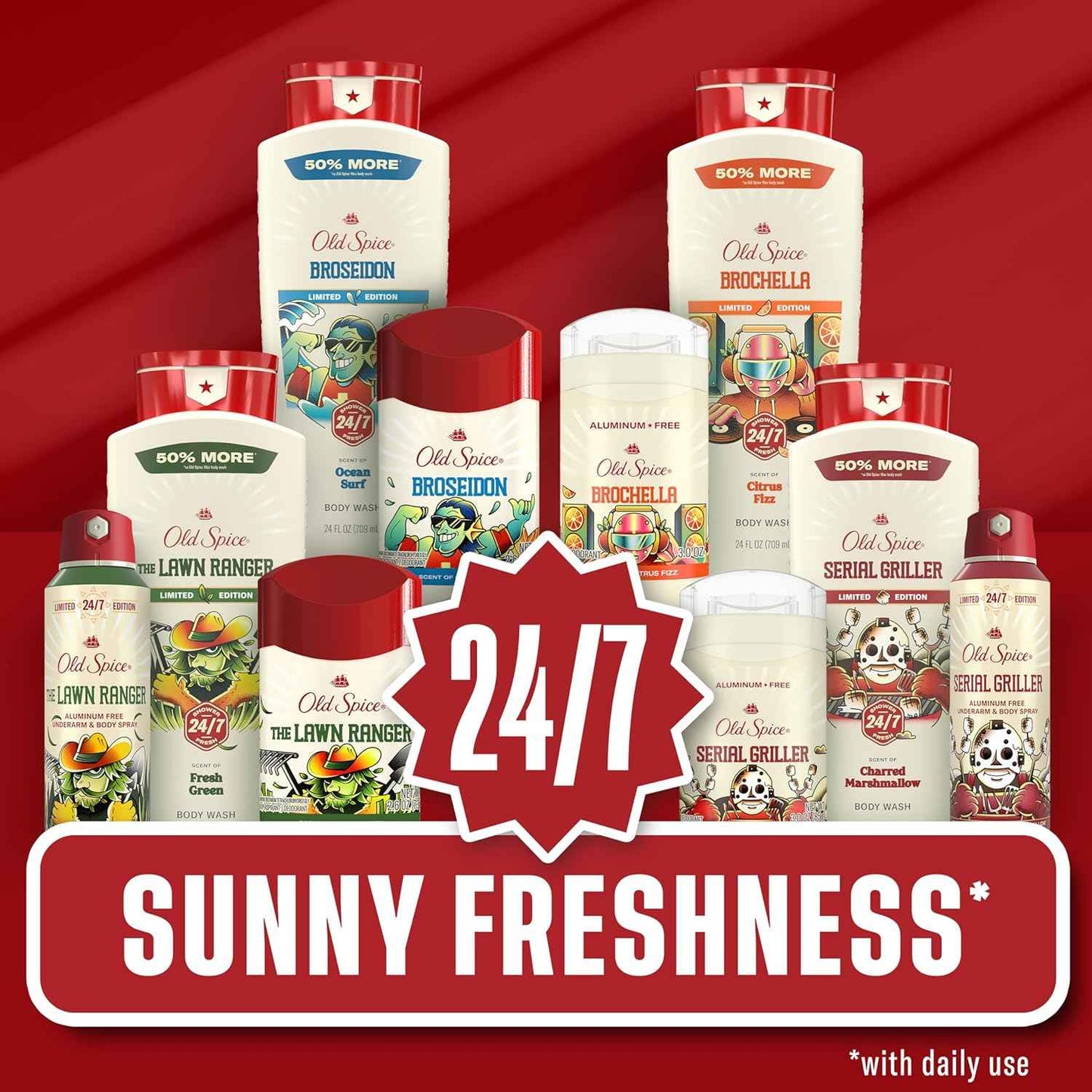 Old Spice Body Wash for Men, Summerdudes, 24/7 Shower Fresh with Daily Use, Long Lasting Scent, Cleanse & Refresh Skin, VIP Festival Experience, Serial Griller with Charred Marshmallow Scent, 24 oz