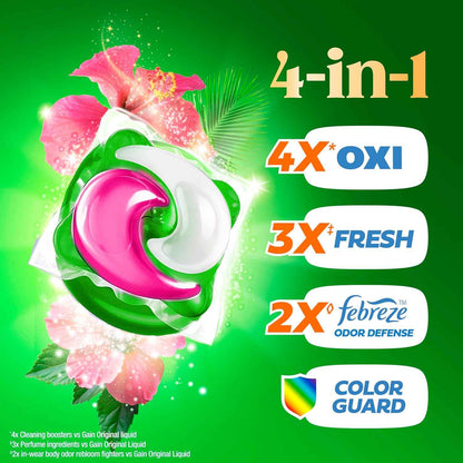 Gain Plus Flings Liquid Washing Detergent Pods, Gain's Best Clean, All-In-One, Happy Hibiscus Scent Laundry Pacs