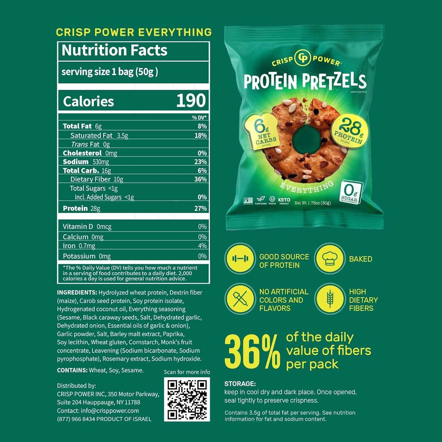 CRISP POWER Protein Pretzels, Variety Pack With Sea Salt, Sesame, & Everything, Up To 28G Protein, High Protein Snack, High Fiber, Low Carb Crunchy Pretzel Snacks, No Added Sugar, 1.75 oz Bags, 6 Pack, Vegan, Keto