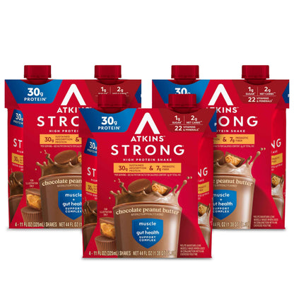 Atkins Strong High Protein Shake, 30g Protein, 7g Prebiotic Fiber, 1g Sugar, GLP-1 Support, Muscle & Gut Health Support Complex
