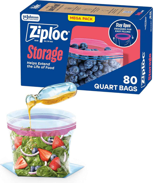 Ziploc Quart Food Storage Bags, Stay Open Design with Stand-Up Bottom, Easy to Fill