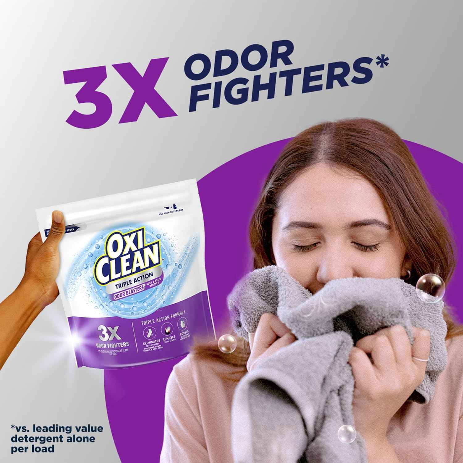 OxiClean Triple Action Odor and Stain Remover Powder, Use with Detergent, Eliminates Tough Odors and Removes Stains, Color Safe and Chlorine Free
