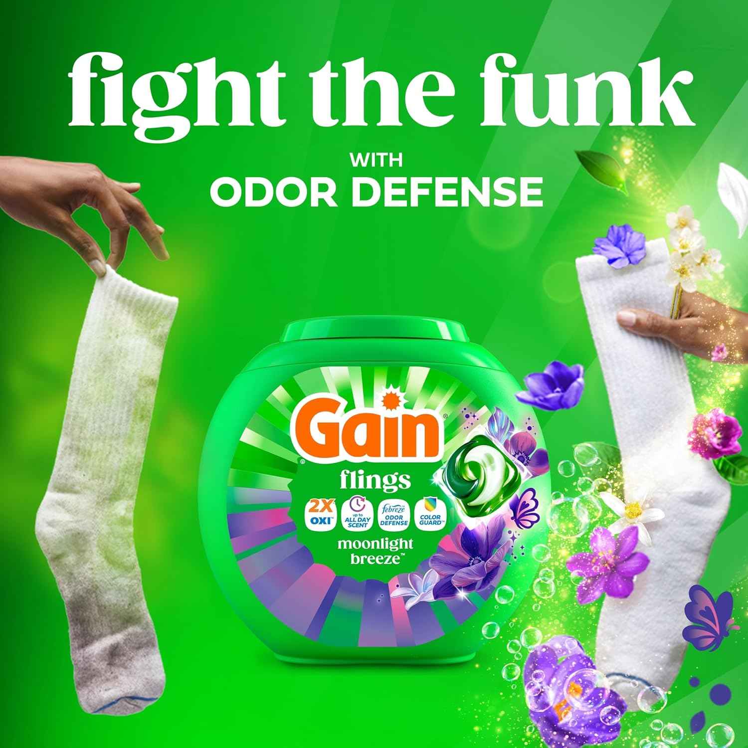Gain Flings Liquid Washing Detergent Pacs with Odor Defense + Color Guard, Moonlight Breeze Scent, 4-In-1 Liquid Laundry Detergent Pods, Clean & Fresh