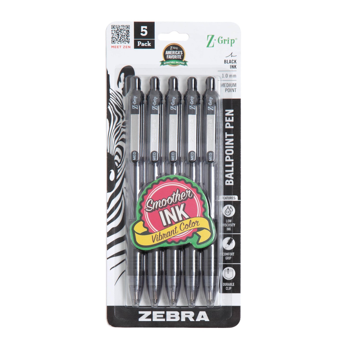 Zebra Pen Z-Grip Retractable Ballpoint Pen, Smooth-Flowing Black Ink, 1.0mm Medium Point, School &amp;amp; Office Supplies, Ideal for Note-Taking, Journal and Planner Use, 5-Pack (22215)