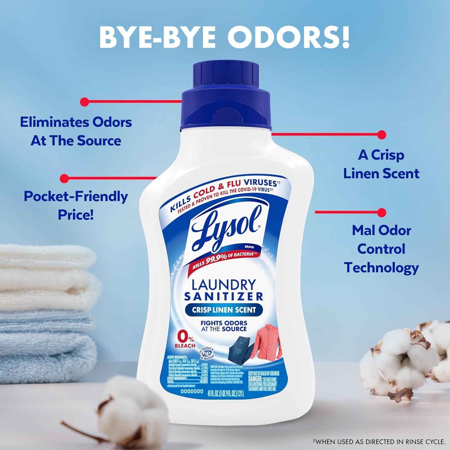 Lysol Disinfectant Laundry Sanitizer & Scent Booster, Laundry Detergent Additive, Color Safe Bleach Alternative, Laundry Odor Eliminator, Kills Bacteria & Viruses, Crisp Linen Scent, 41 Fl Oz Liquid