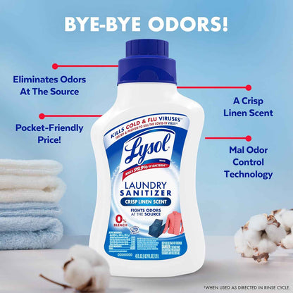 Lysol Disinfectant Laundry Sanitizer & Scent Booster, Laundry Detergent Additive, Color Safe Bleach Alternative, Laundry Odor Eliminator, Kills Bacteria & Viruses, Crisp Linen Scent, 41 Fl Oz Liquid