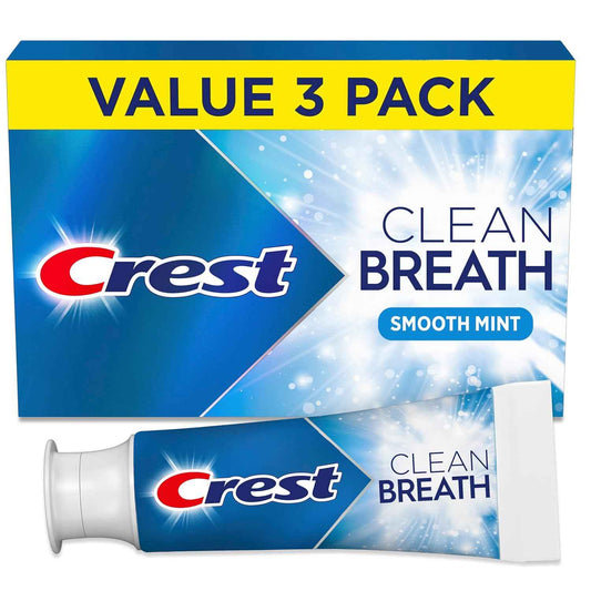 Crest Toothpaste Clean Breath Smooth 3.3oz Pack of 3 – Neutralizes Bad Breath, Antibacterial Protection, Fights Cavities, Freshens Breath, Gently Whitens