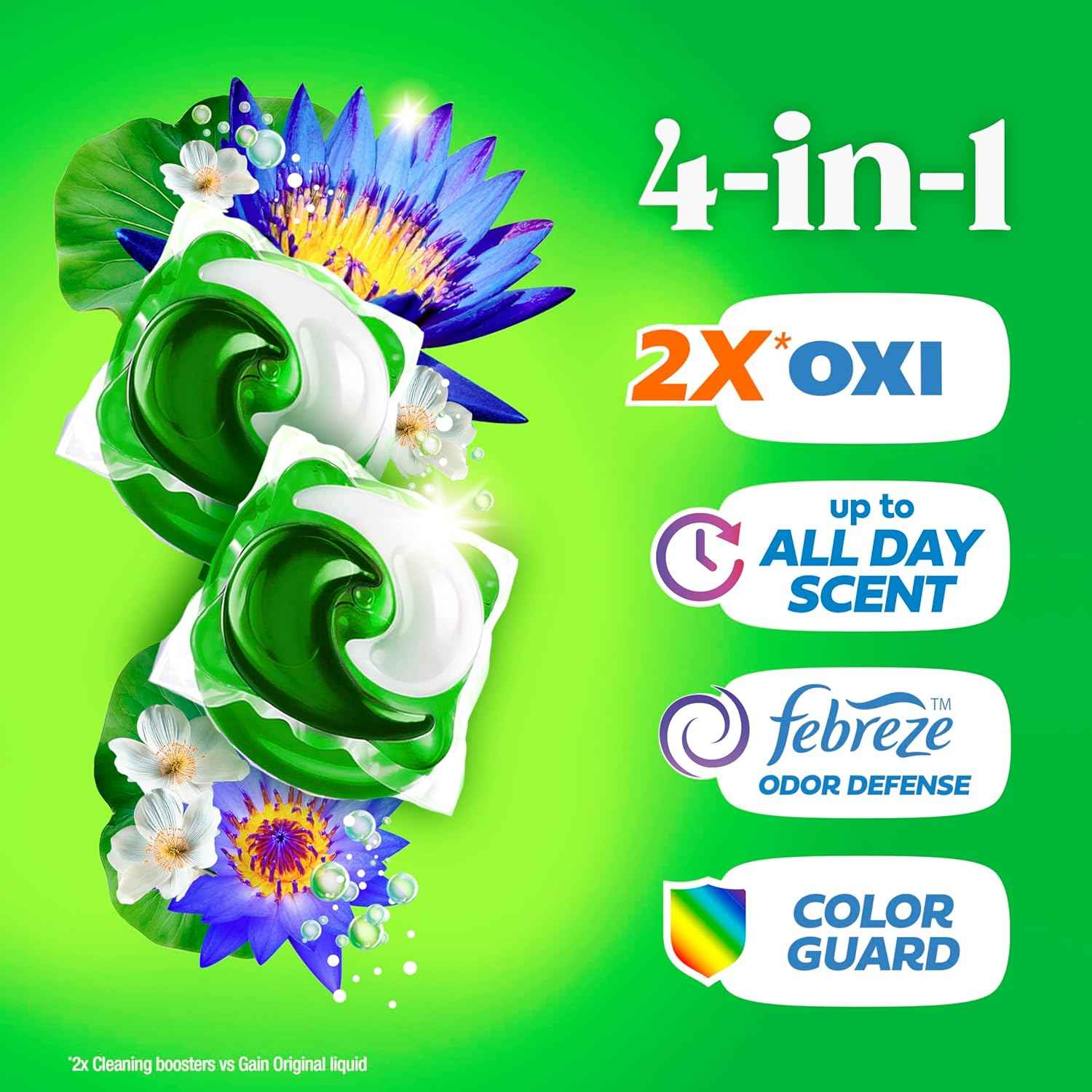 Gain Flings Liquid Washing Detergent Pacs, Now with Odor Defense + Color Guard, Waterfall Delight Scent, 4-In-1 Liquid Laundry Detergent Pods, Clean & Fresh