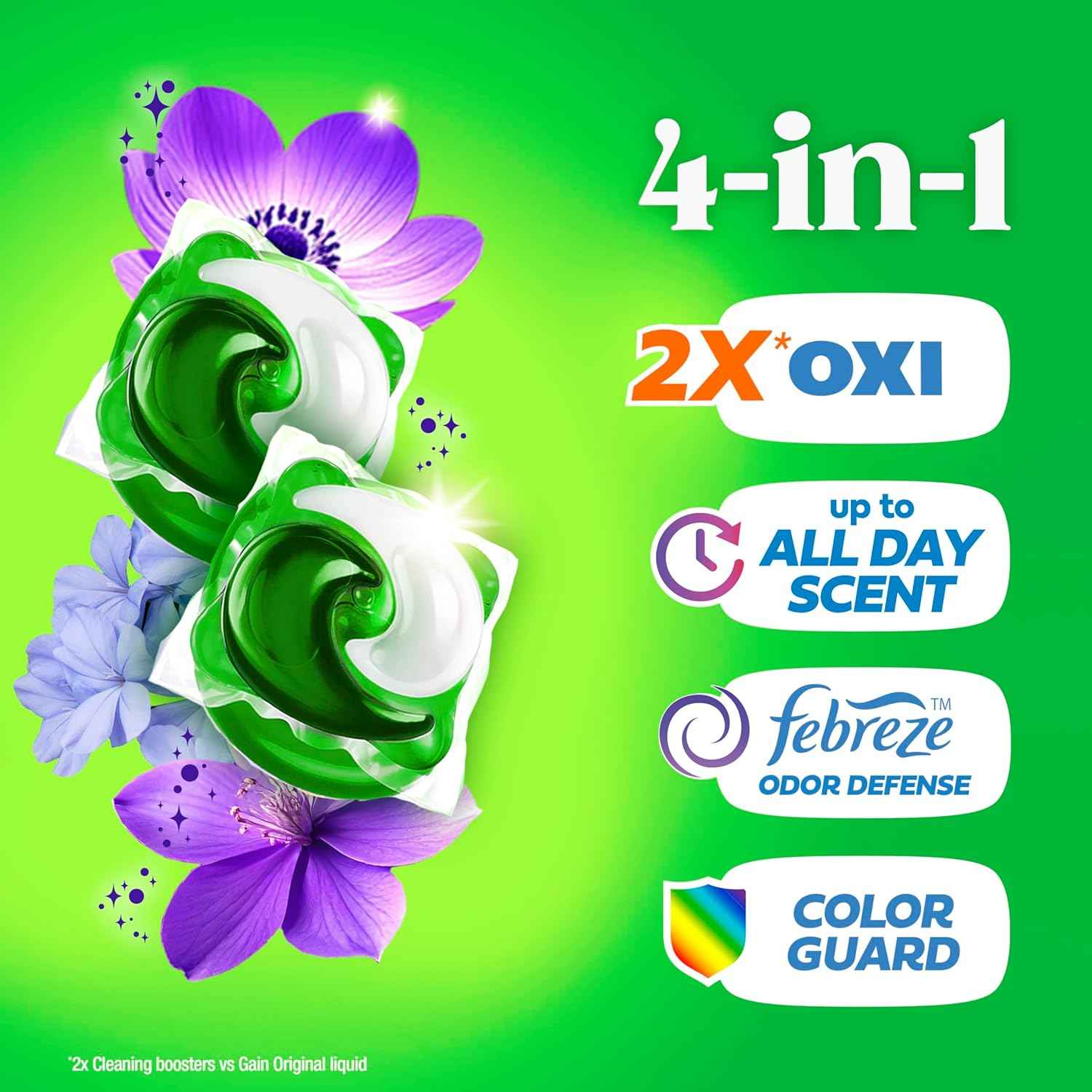 Gain Flings Liquid Washing Detergent Pacs with Odor Defense + Color Guard, Moonlight Breeze Scent, 4-In-1 Liquid Laundry Detergent Pods, Clean & Fresh