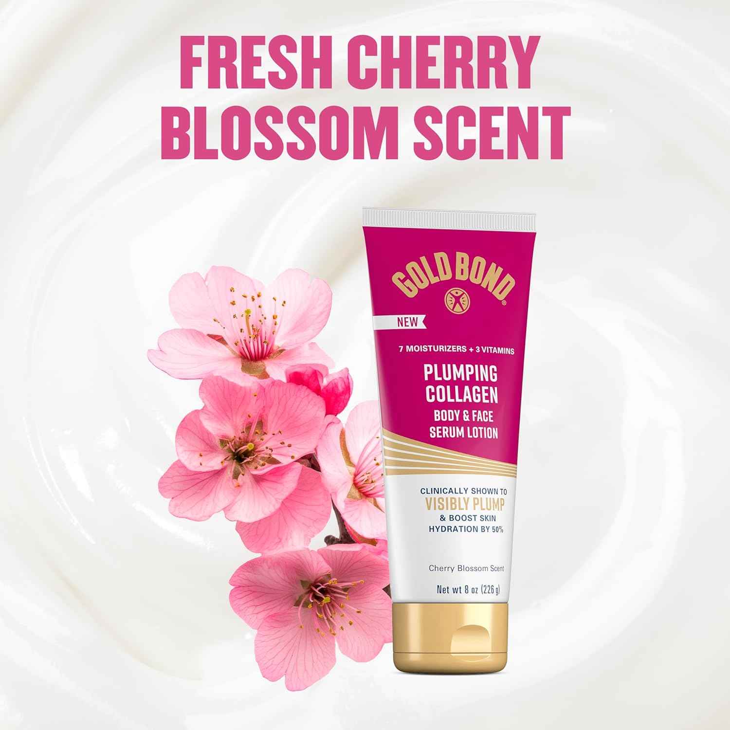 Gold Bond Plumping Collagen Body & Face Serum Lotion, Lightweight Hydrating Moisturizer with Collagen Peptide Complex, Jojoba and Grapeseed Oils to Visibly Plump Skin, Cherry Blossom Scent
