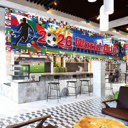 World Cup Banner for 2026 International Flags Decorations Around The World Cup Backdrop 118×20Inch World Map Trophy Photo Backdrop Cloth for Soccer Party, Bar, Home (Blue)
