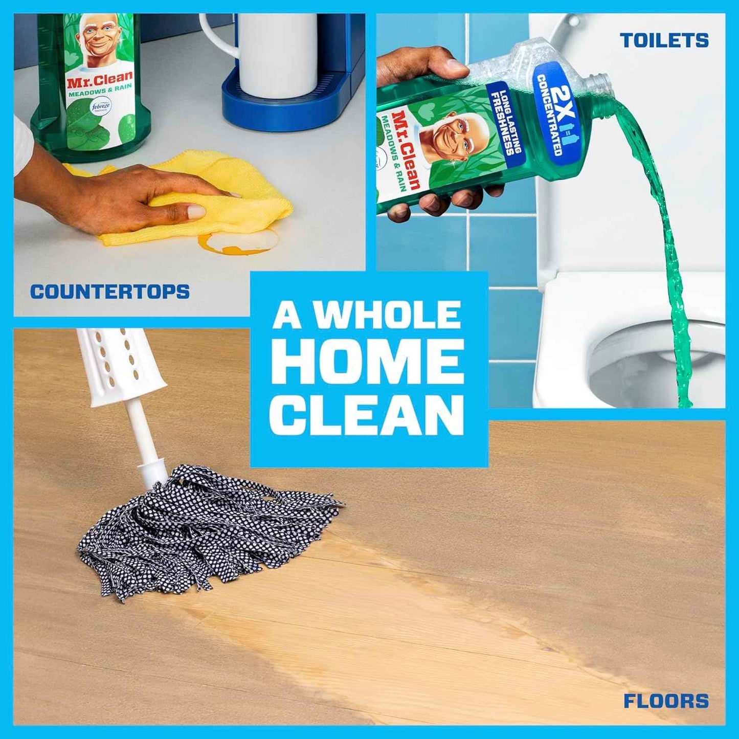Mr. Clean All Purpose Cleaner, Floor Cleaner for Mopping Home, Bathroom, & Kitchen, Cleaning Liquid for Mop & Bucket, Cleaning Supplies, Multi-Surface Dilutable, Meadows & Rain