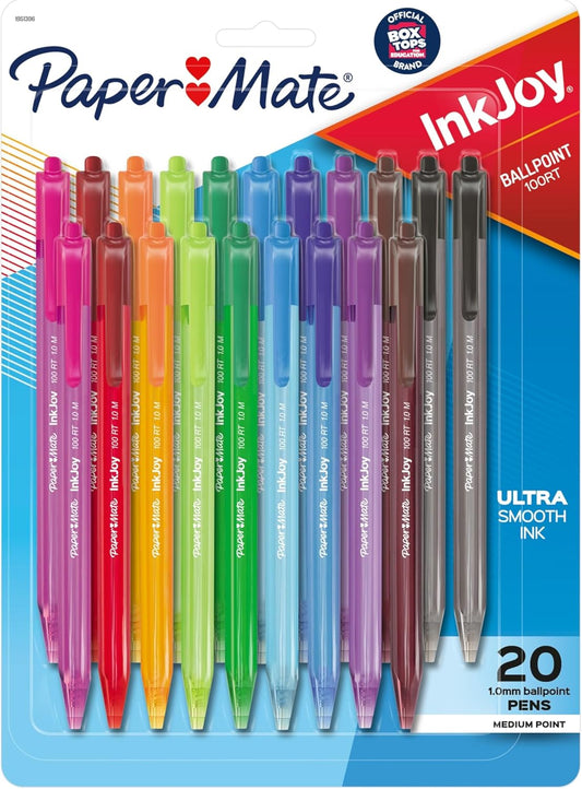 Paper_Mate_InkJoy_100RT_Retractable_Ballpoint_Pens,_Medium_Point_(1.0mm),_Assorted_Colors,_20_Count_-_Teacher_Essentials,_Colorful_Office_Supplies,_Note-Taking,_Back_to_School