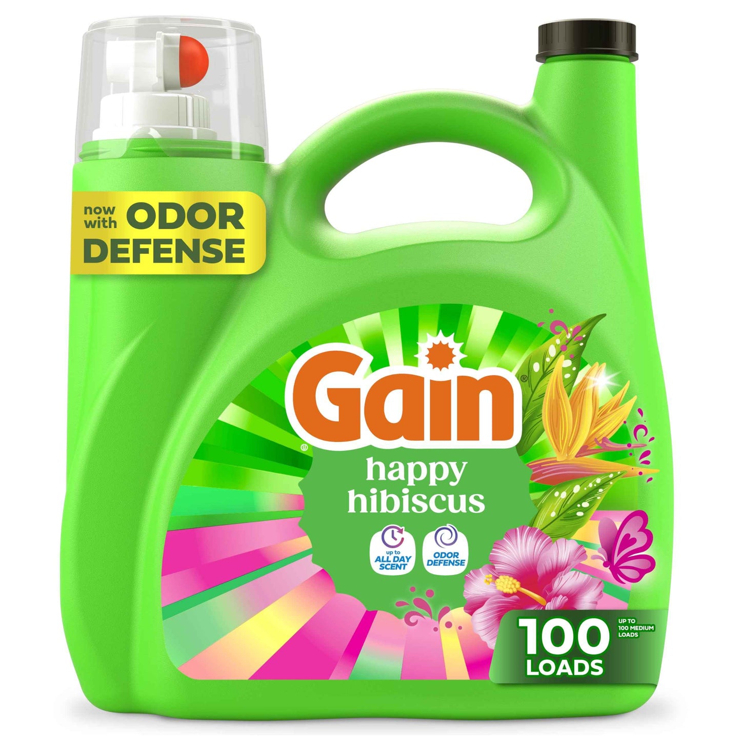 Gain Liquid Laundry Detergent, With Odor Defense, Happy Hibiscus Scent, Laundry Soap For HE Washing Machines, 132 fl oz, 100 Loads (Packaging May Vary)