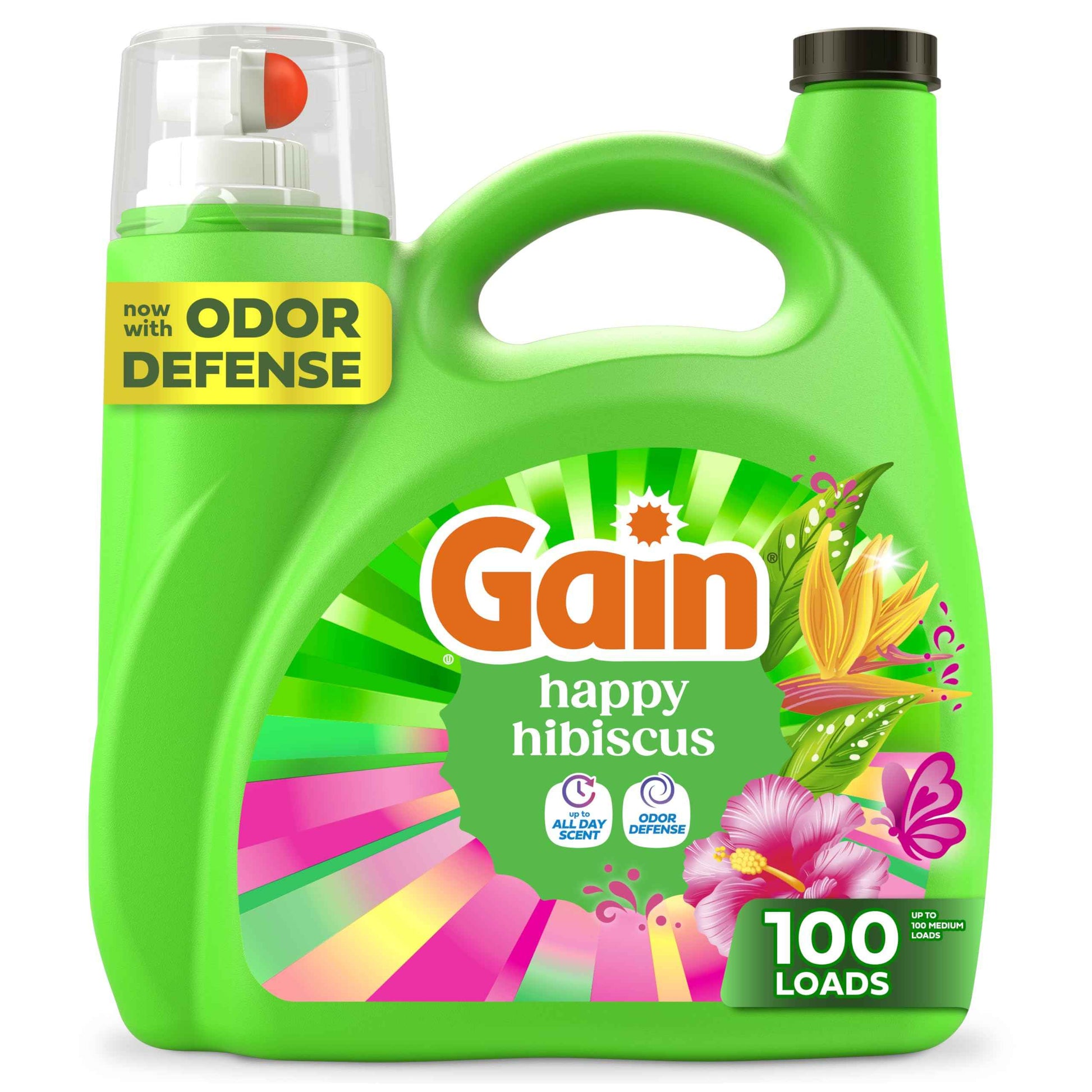 Gain Liquid Laundry Detergent, With Odor Defense, Happy Hibiscus Scent, Laundry Soap For HE Washing Machines, 132 fl oz, 100 Loads (Packaging May Vary)