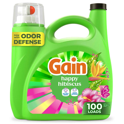 Gain Liquid Laundry Detergent, With Odor Defense, Happy Hibiscus Scent, Laundry Soap For HE Washing Machines, 132 fl oz, 100 Loads (Packaging May Vary)