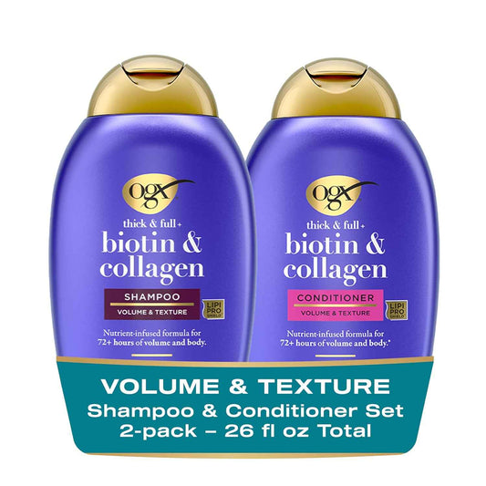 OGX Thick & Full + Biotin and Collagen for Hair Volume & Body, Sulfate Free Volumizing Shampoo & Conditioner Set for Fine & Thinning Hair, Nutrient-Infused, Vitamin B7, 2 Pack