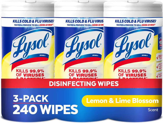 Lysol Disinfectant Wipes, Multi-Surface Antibacterial Cleaning Wipes, For Disinfecting and Cleaning, Lemon and Lime Blossom, 80 Count (Pack of 3)
