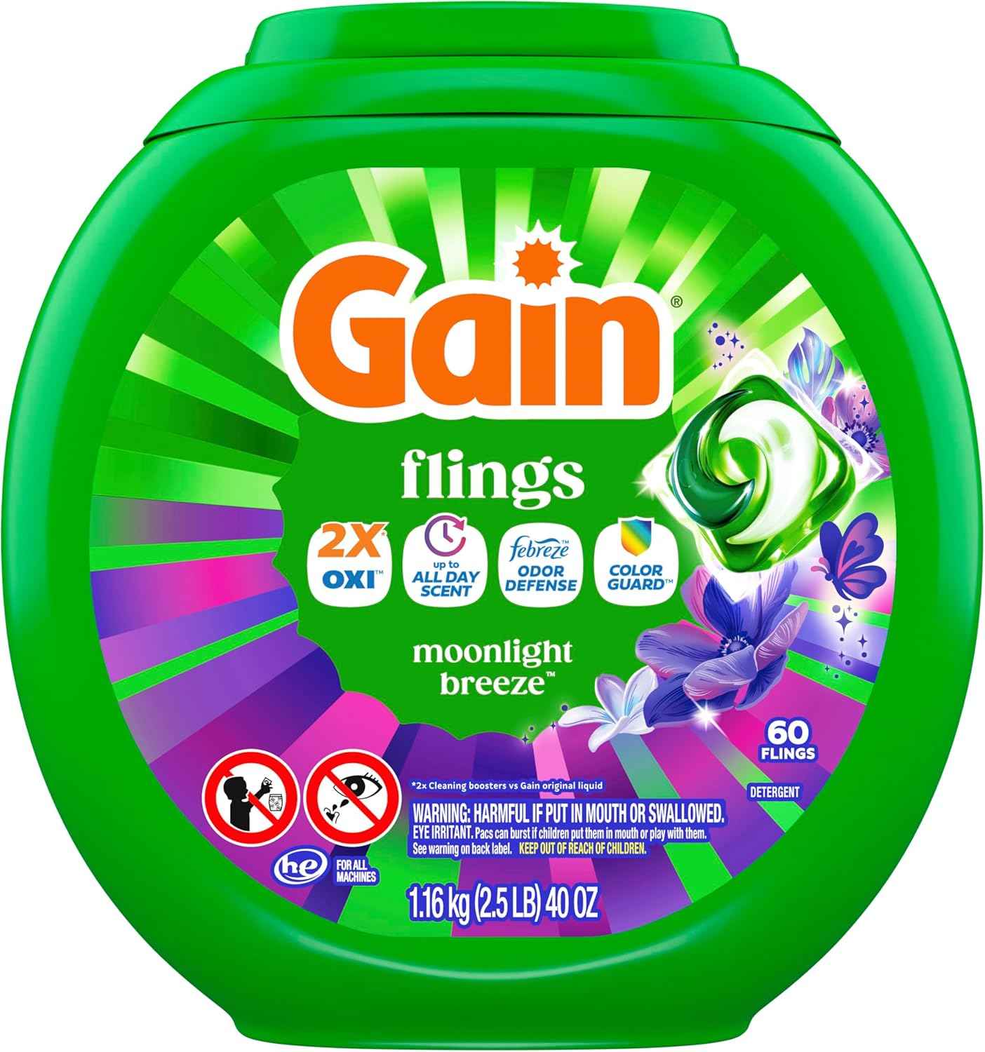 Gain Flings Liquid Washing Detergent Pacs with Odor Defense + Color Guard, Moonlight Breeze Scent, 4-In-1 Liquid Laundry Detergent Pods, Clean & Fresh
