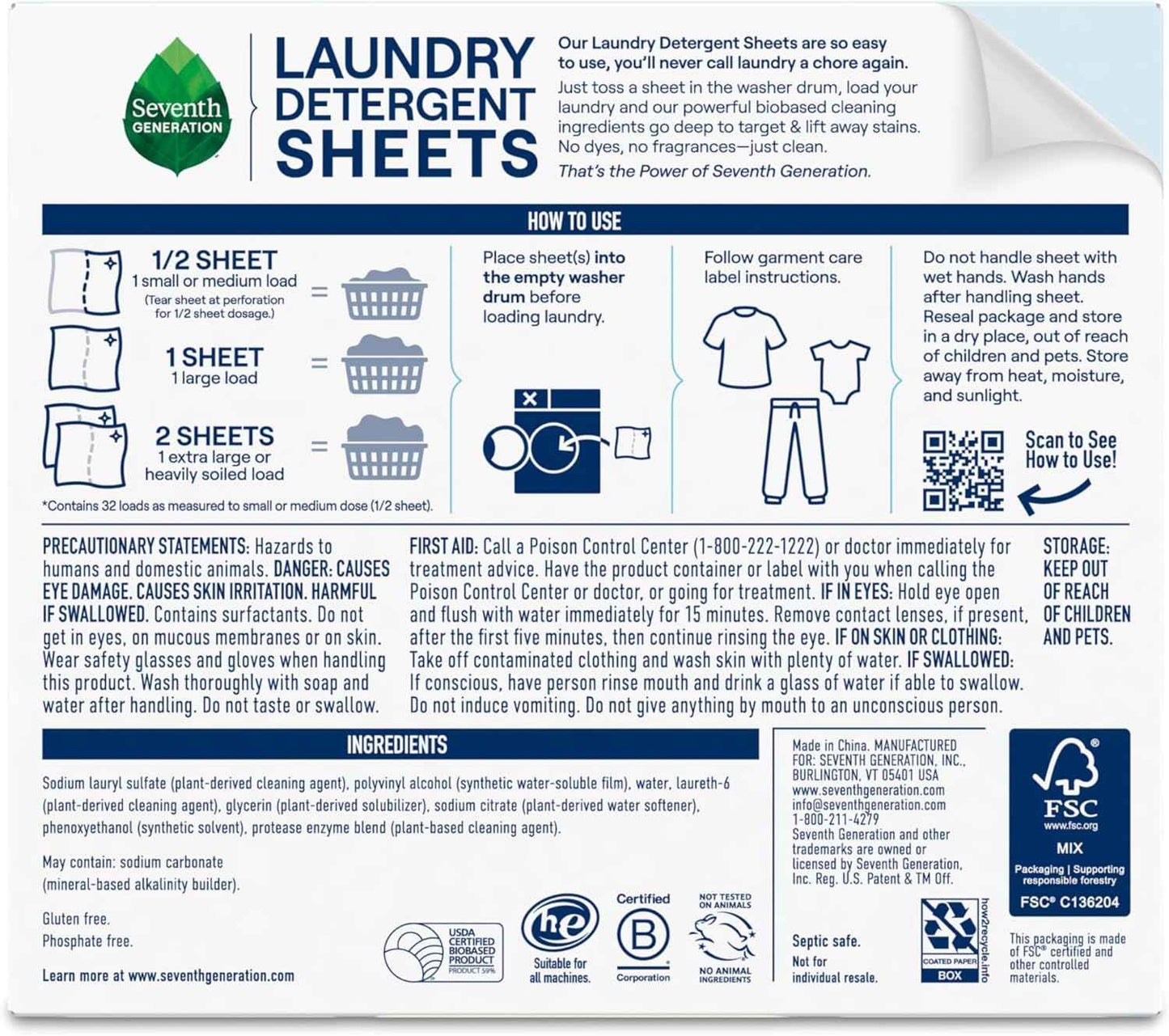 Seventh Generation Laundry Detergent Sheets 32ct Removes Tough Stains Safer for your family
