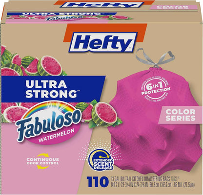 Hefty Ultra Strong 13 Gallon Trash Bags, Tall Kitchen Trash Bags 13 Gallon Size, Resist Leaks, Punctures, and Rips, Continuous Odor Control, Pink, Fabuloso Watermelon Scent, 110 Bags