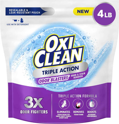 OxiClean Triple Action Odor and Stain Remover Powder, Use with Detergent, Eliminates Tough Odors and Removes Stains, Color Safe and Chlorine Free