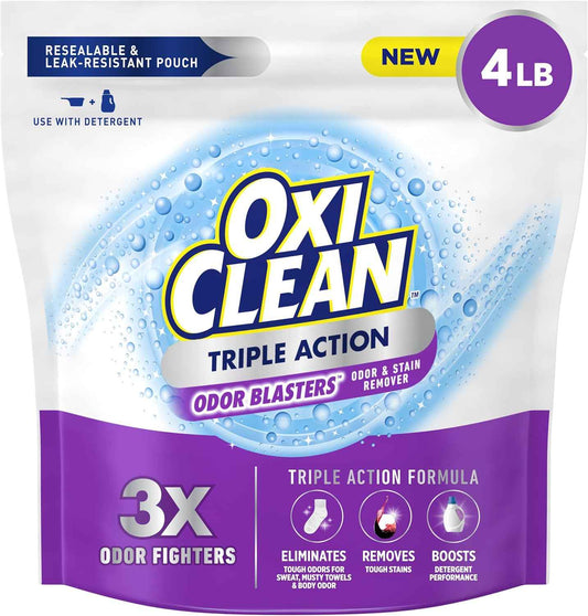 OxiClean Triple Action Odor and Stain Remover Powder, Use with Detergent, Eliminates Tough Odors and Removes Stains, Color Safe and Chlorine Free