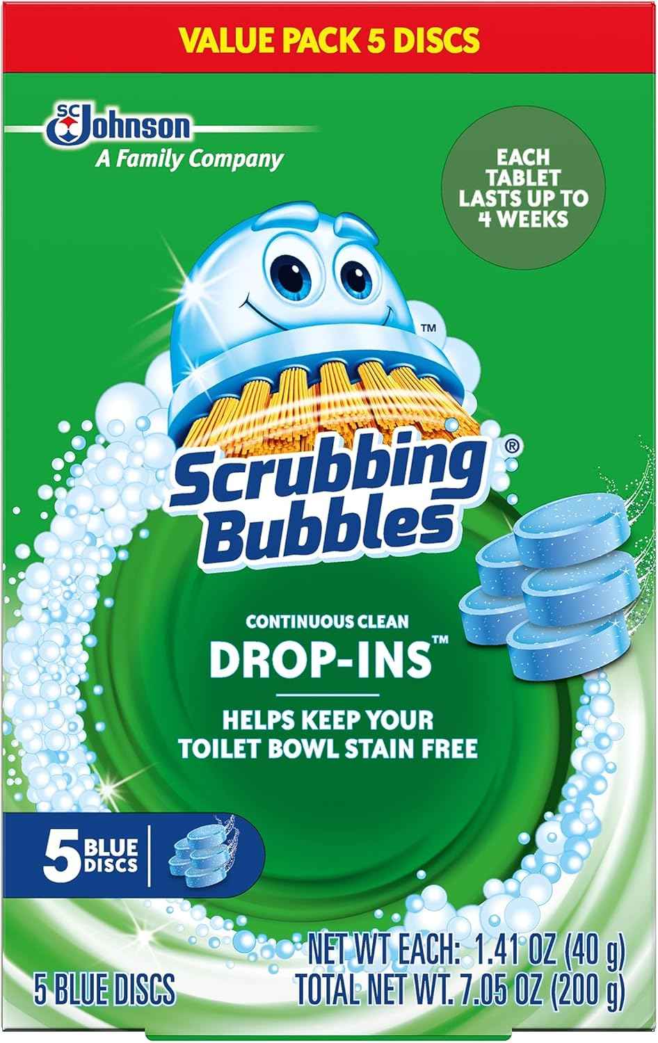 Scrubbing Bubbles Continuous Clean Toilet Drop-Ins, Automatic Blue Toilet Bowl Cleaner, Septic-Safe Tank Tablets Remove Hard Water Minerals & Limescale, Stain & Smell Protection