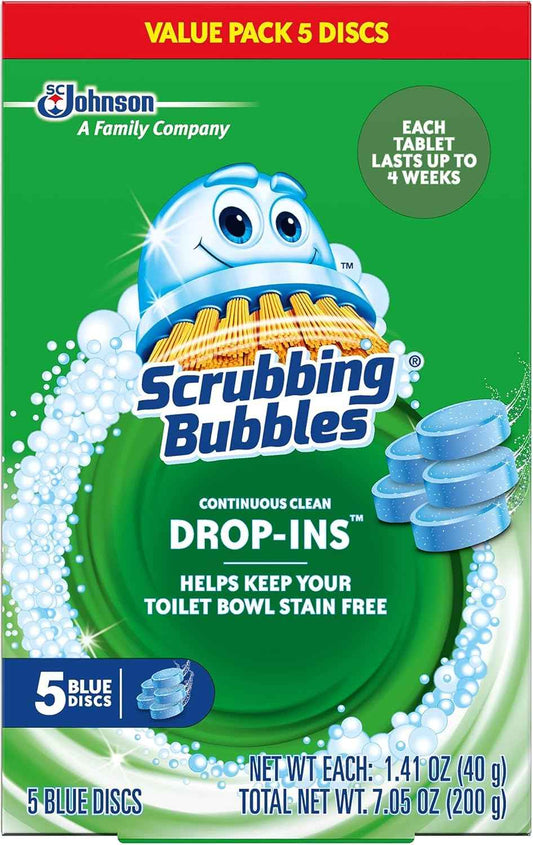 Scrubbing Bubbles Continuous Clean Toilet Drop-Ins, Automatic Blue Toilet Bowl Cleaner, Septic-Safe Tank Tablets Remove Hard Water Minerals & Limescale, Stain & Smell Protection
