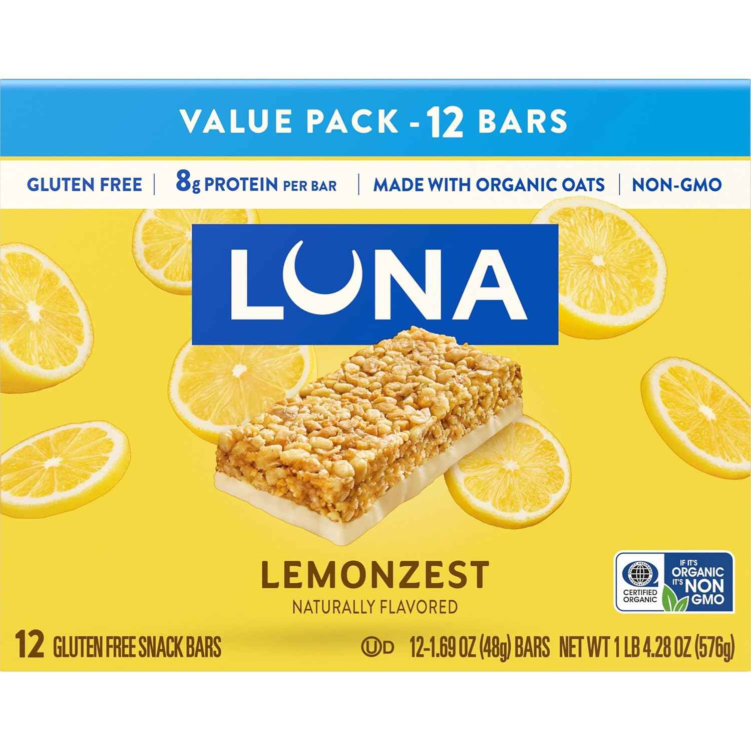LUNA Bar - LemonZest Flavor - Gluten Free Snack Bars - Non-GMO - Protein Bars - Made with Organic Oats