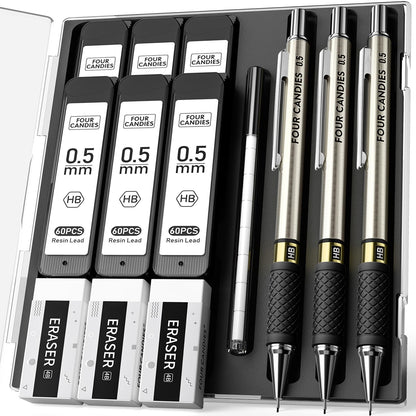 3PCS Metal Mechanical Pencil Set with 0.5 mm Fine Point, 360 Leads, 12 Erasers, Art Mechanical Pencils Pack with Storage Case for School Writing, Sketching, Drawing &amp;amp; Professional Drafting