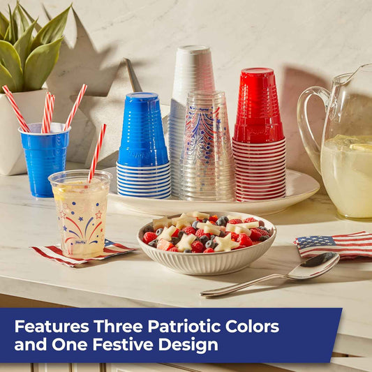 Hefty Party On Disposable Plastic Party Cups, 16 Oz Cups in Assorted Colors and 18 Oz Clear Cups with Festive Firework Print for Fourth of July Celebrations and Summer Entertaining