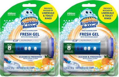 Scrubbing Bubbles Fresh Gel Toilet Bowl Cleaning Stamps, Helps Keep Toilet Clean and Helps Prevent Limescale & Rings, Citrus Scent, 1 Dispenser with 6 Fresh Gel Stamps