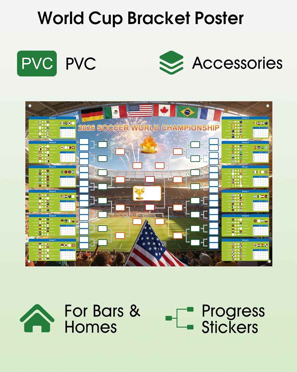 GAMSOD 2026 World Cup Schedule Poster – 39x59 Inches Tournament Bracket Wall Chart with Reusable National Flags Sticker& Hooks, DIY Predict Game Results, Great Soccer Fan Gift for Game Day Party