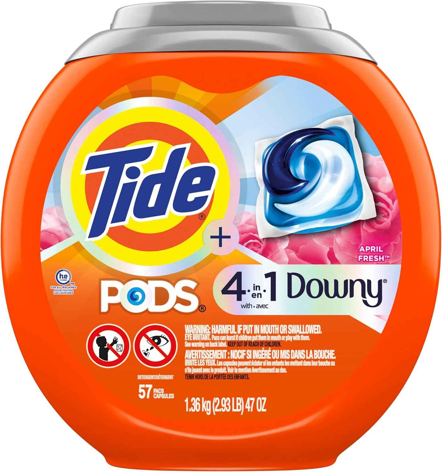 Tide PODS Laundry Detergent soap with a touch of Downy 4-in-1 Detergent, 57 Count, Stain Remover, Freshness, Softness, Fabric Protecter, HE Compaible