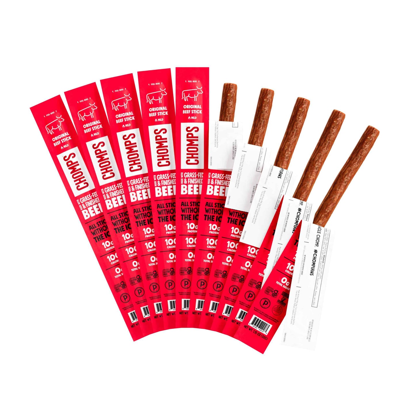 Chomps Grass-Fed and Finished Jerky Snack Sticks 10-Pack - Keto, Paleo, Whole30, 10g Lean Meat Protein, Gluten-Free, Zero Sugar Food, Non-GMO