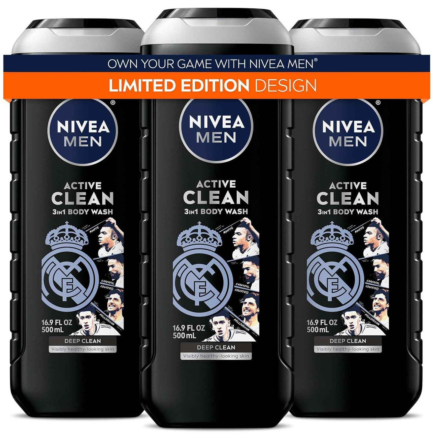 NIVEA MEN Real Madrid Limited Edition Design Active Clean Body Wash with Natural Charcoal for Normal to Oily Skin, 3-in-1 Charcoal Body Wash, Face and Hair
