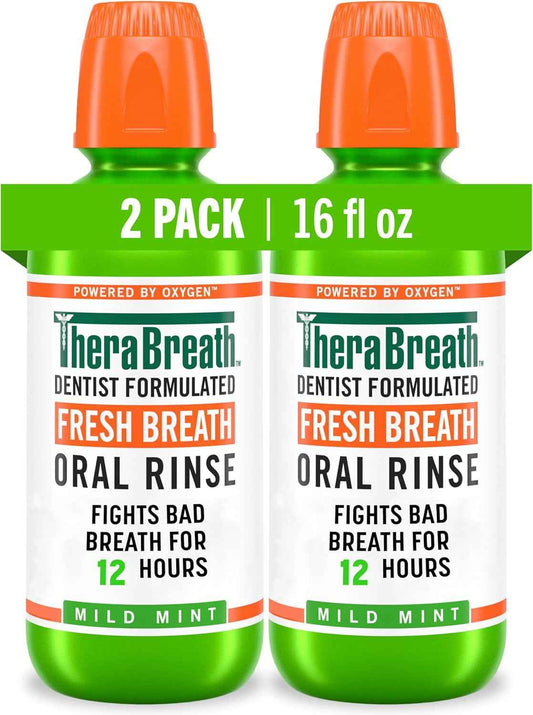 TheraBreath Fresh Breath Mouthwash, Mild Mint Flavor, Alcohol-Free, 16 Fl Oz (2-Pack)