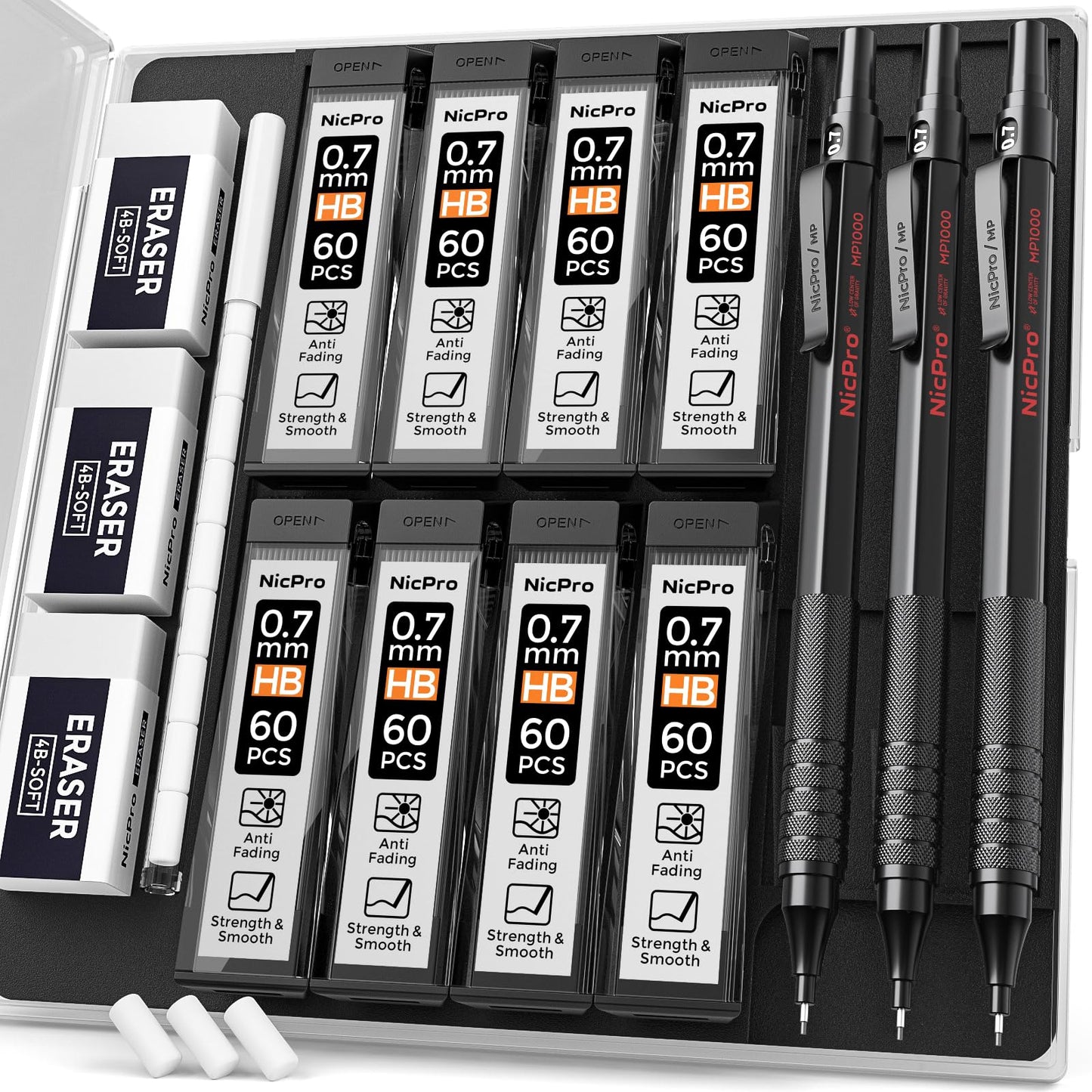 Nicpro 0.7 mm Mechanical Pencil Set with Case, 3 Metal Artist Pencil With 8 Tube HB Lead Refills, 3 Erasers, 9 Eraser Refills For Architect Art Writing Drafting Drawing, Engineering, Sketching, Black