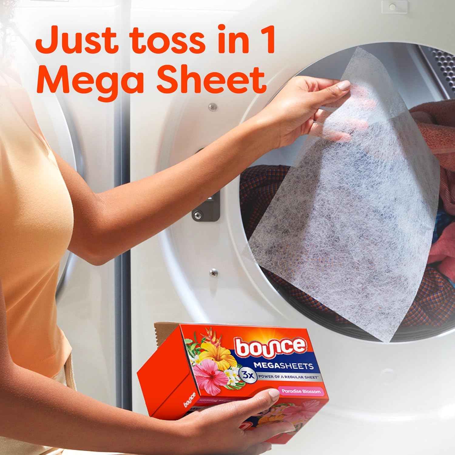 Bounce Mega Dryer Sheets, Paradise Blossom, Mega Fabric Softener Sheets with Static Control, Wrinkle Reduction, Extra Softness, Lasting Scent, Repels Lint