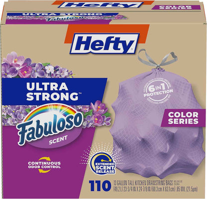 Hefty Ultra Strong 13 Gallon Trash Bags, Tall Kitchen Trash Bags 13 Gallon Size, Resist Leaks, Punctures, and Rips, Continuous Odor Control, Purple, Fabuloso Scent, 110 Bags