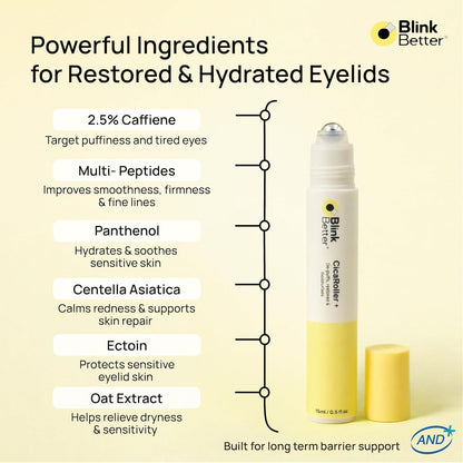 CicaRoller+_Depuffing_Eye_Roller_Serum_for_Eyelids_and_Under_Eyes_–_Cooling_Rollerball_with_2.5%_Caffeine,_Peptides,_Cica_&_Panthenol,_Hydrates,_Soothes_and_Smooths_Puffy_Eyes,_15_ml