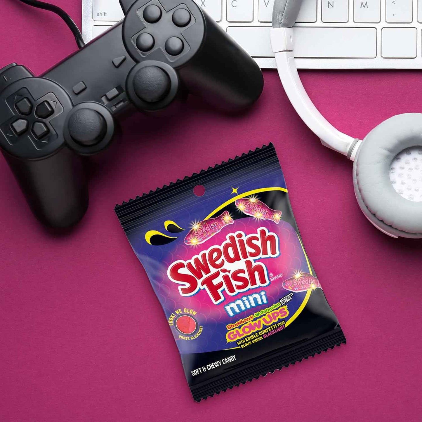 SWEDISH FISH Mini Glow Ups Strawberry-Watermelon Soft & Chewy Gummy Candy, Bulk Candy, 12-3.08 oz Bags